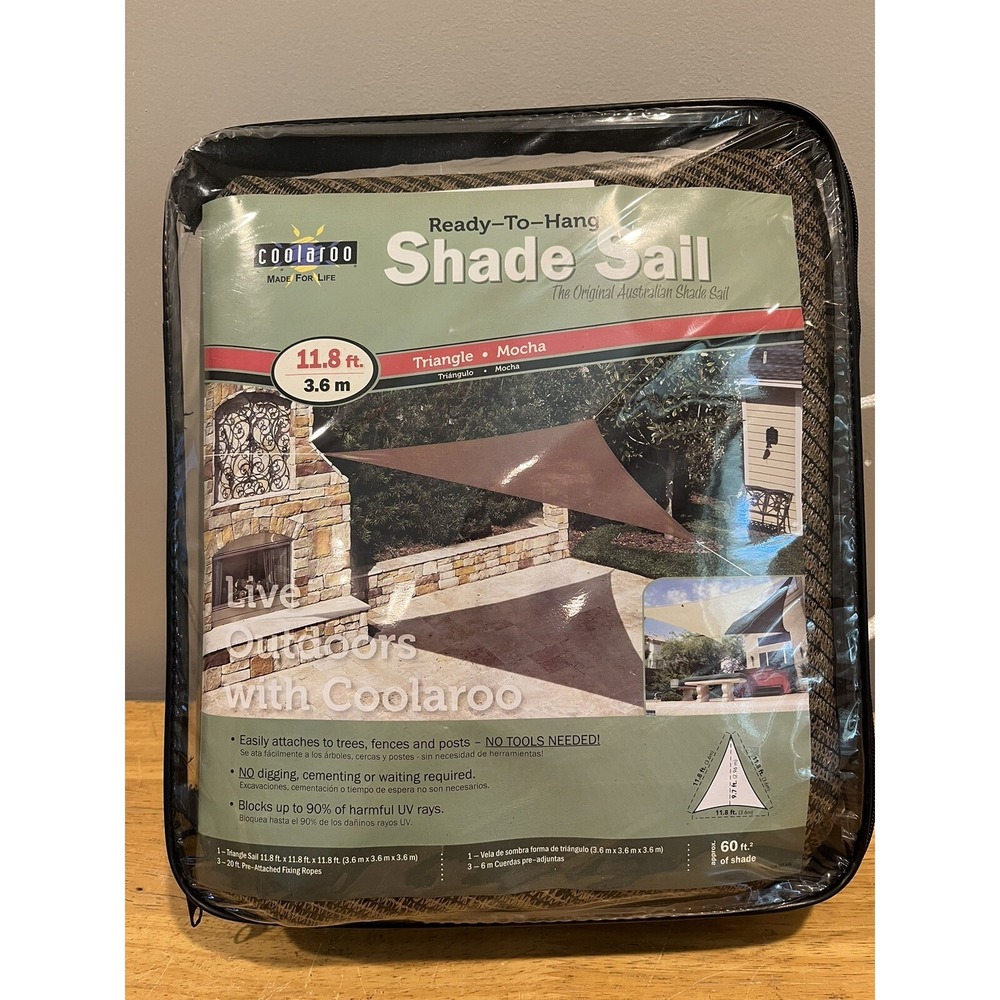 Coolaroo Triangle Shade Sail‎ 11.8' x 11.8' x 11.8' With Ropes Mocha New in Bag